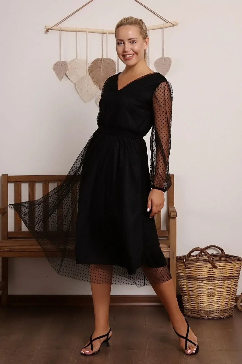 Women's Black Puantiyeli Belted Tütü Plus Size Dress