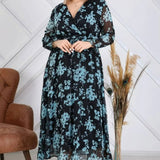 Black Floral Midi Chiffon Dress