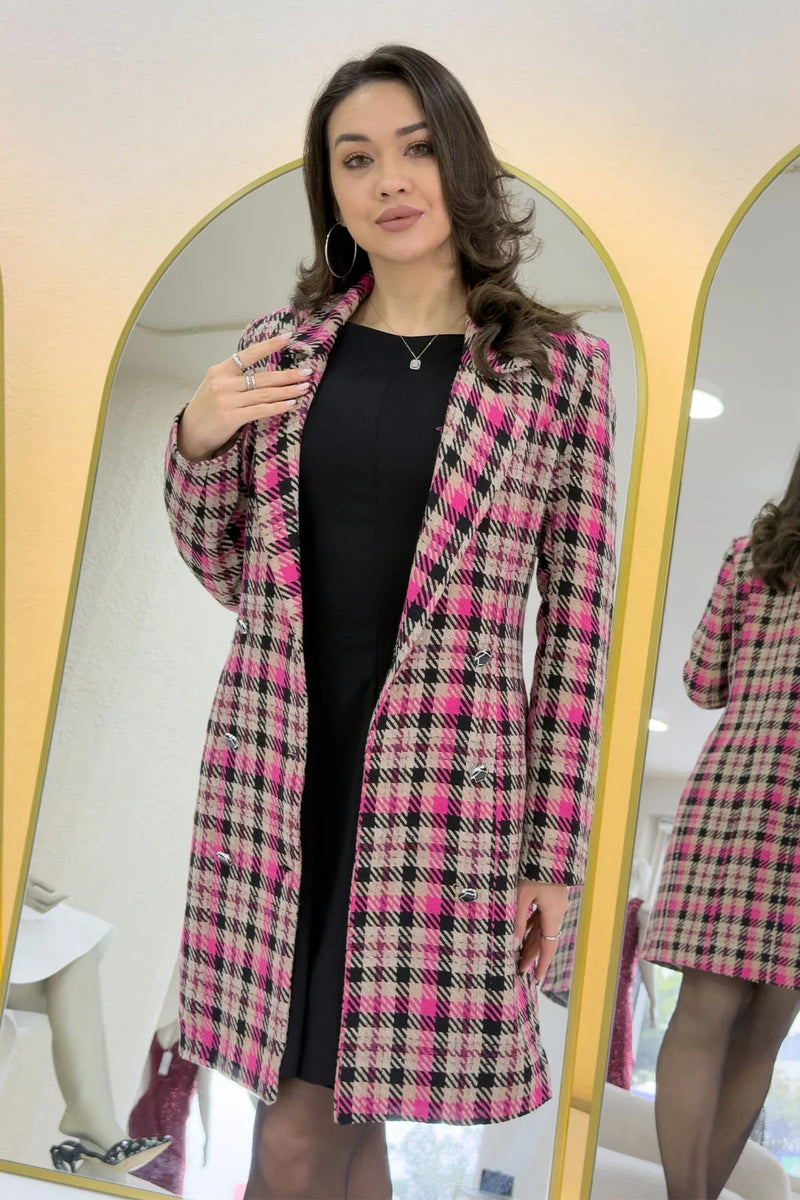 Women's Pink Plaid Buttoned Wrap Wool Blend Coat