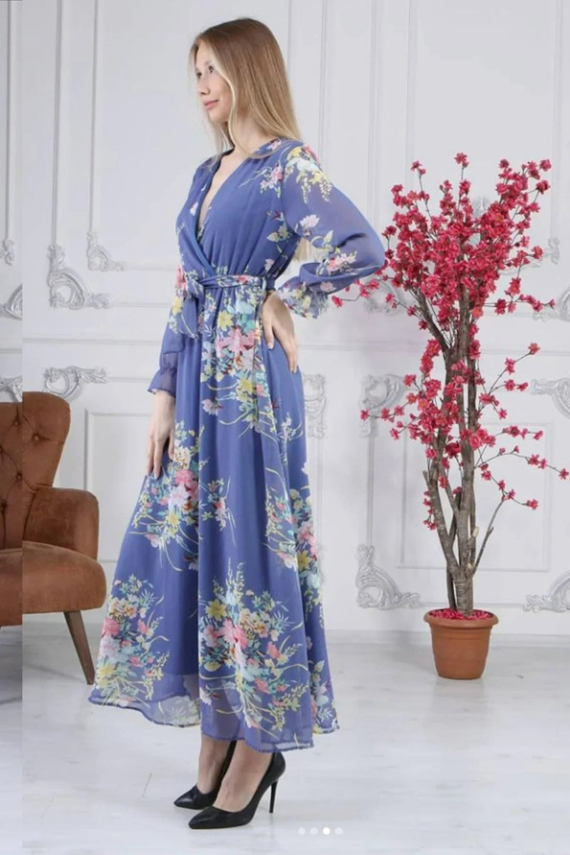 Women's Blue Floral Wrap Neck Chiffon Dress