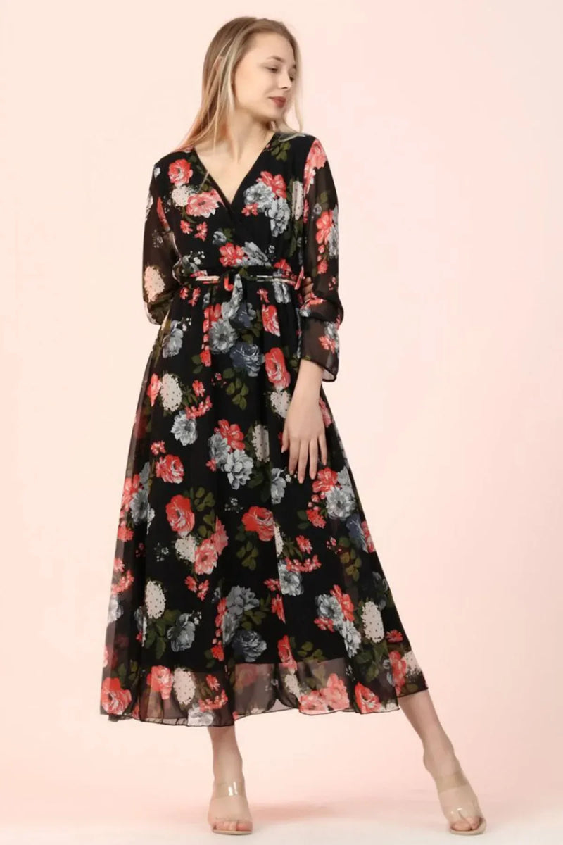 Women's Black Floral Wrap Neck Chiffon Plus Size Dress