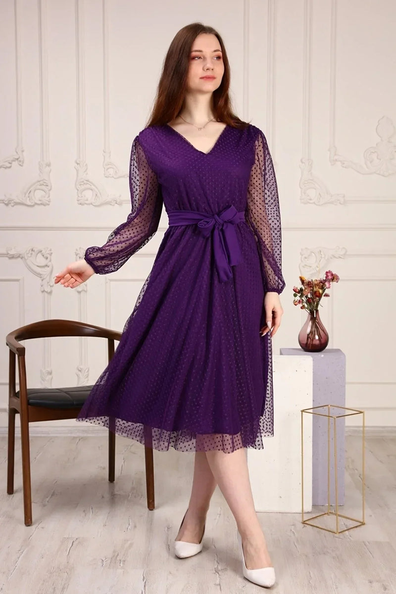 Purple Polka Dot Belted Tütü Plus Size Dress