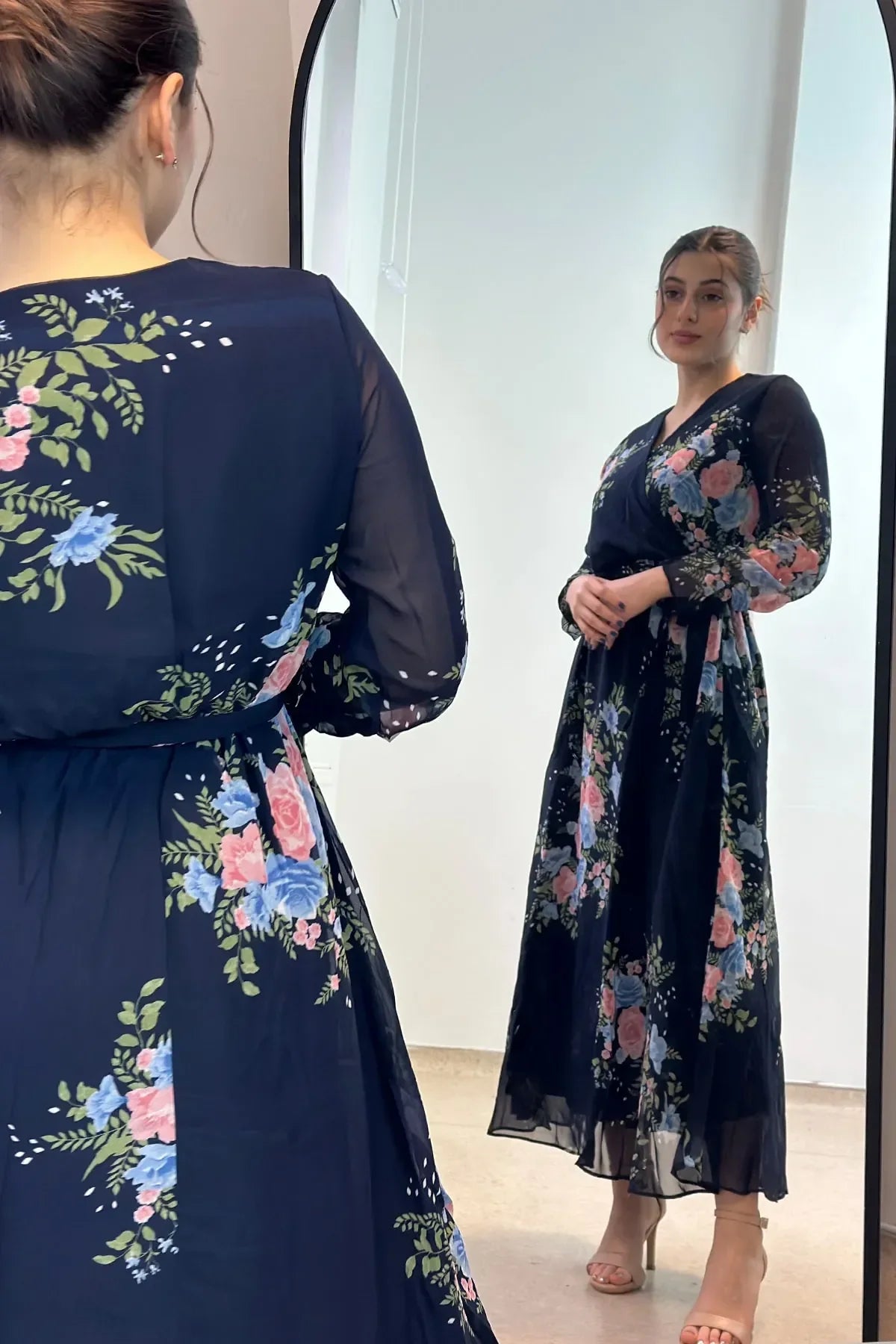 Navy Blue Flower Patterned Midi Chiffon Dress