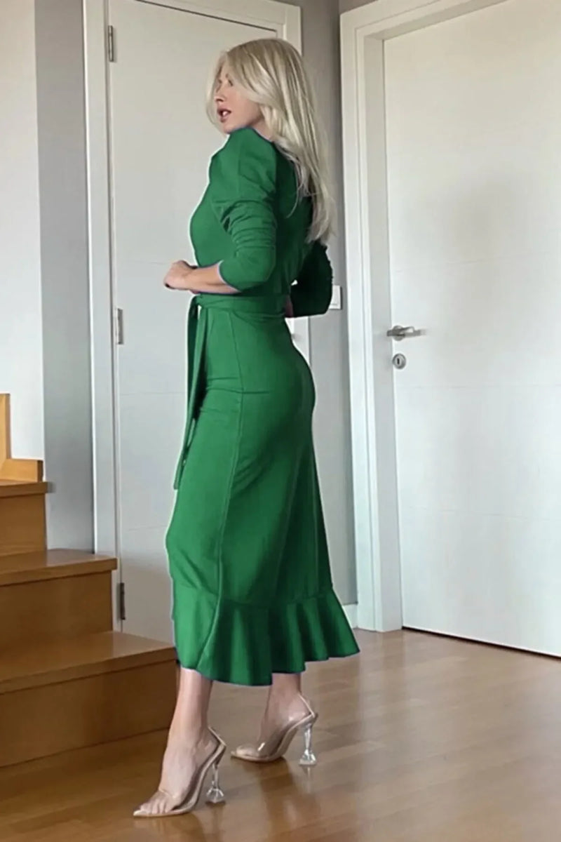 Women's Green Karpuz Sleeve Wrap Crepe Belted Plus Size Ruffled Dress
