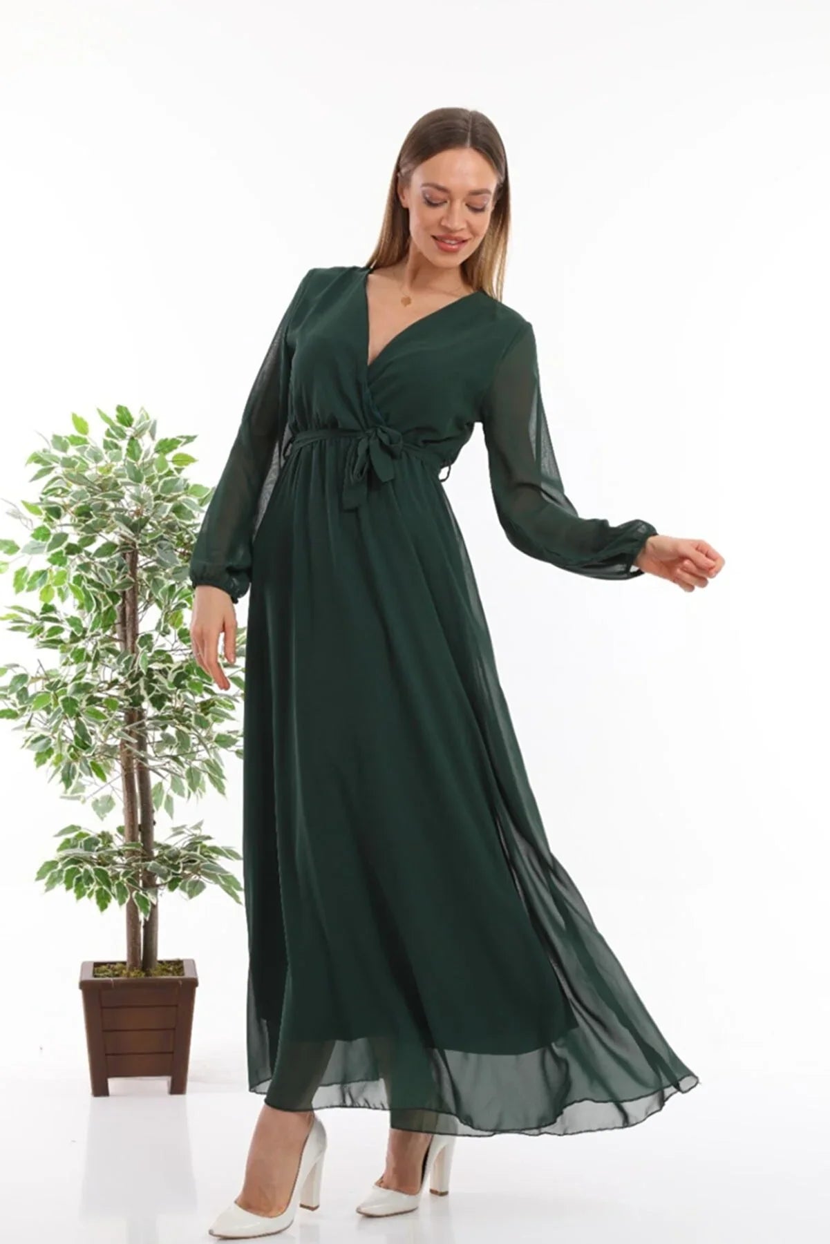 Women's Emerald Green Wrap Neck Belted Plus Size Chiffon Maxi Dress