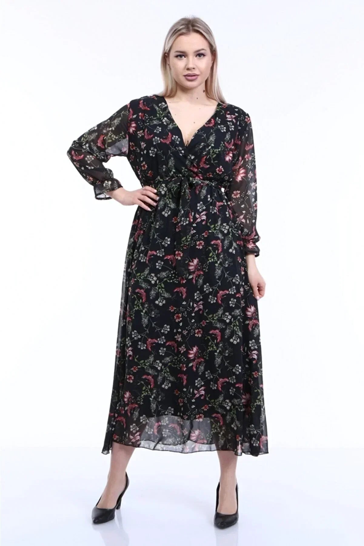 Women's Black Floral Wrap Neck Chiffon Dress