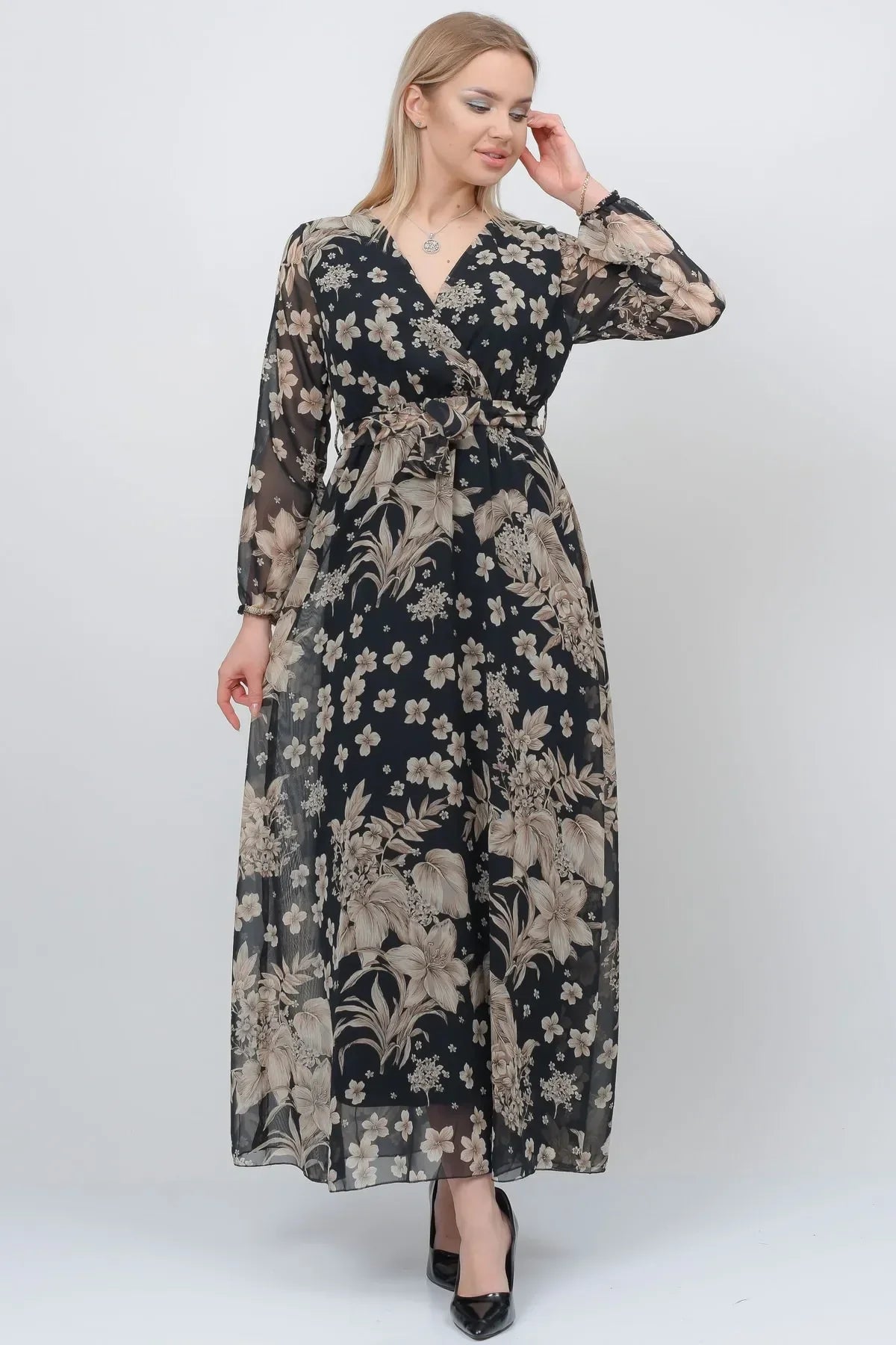 Women's Black Floral Wrap Neck Chiffon Dress