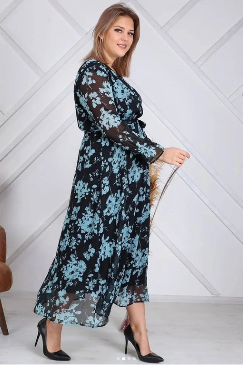 Women's Black Floral Wrap Neck Chiffon Plus Size Dress
