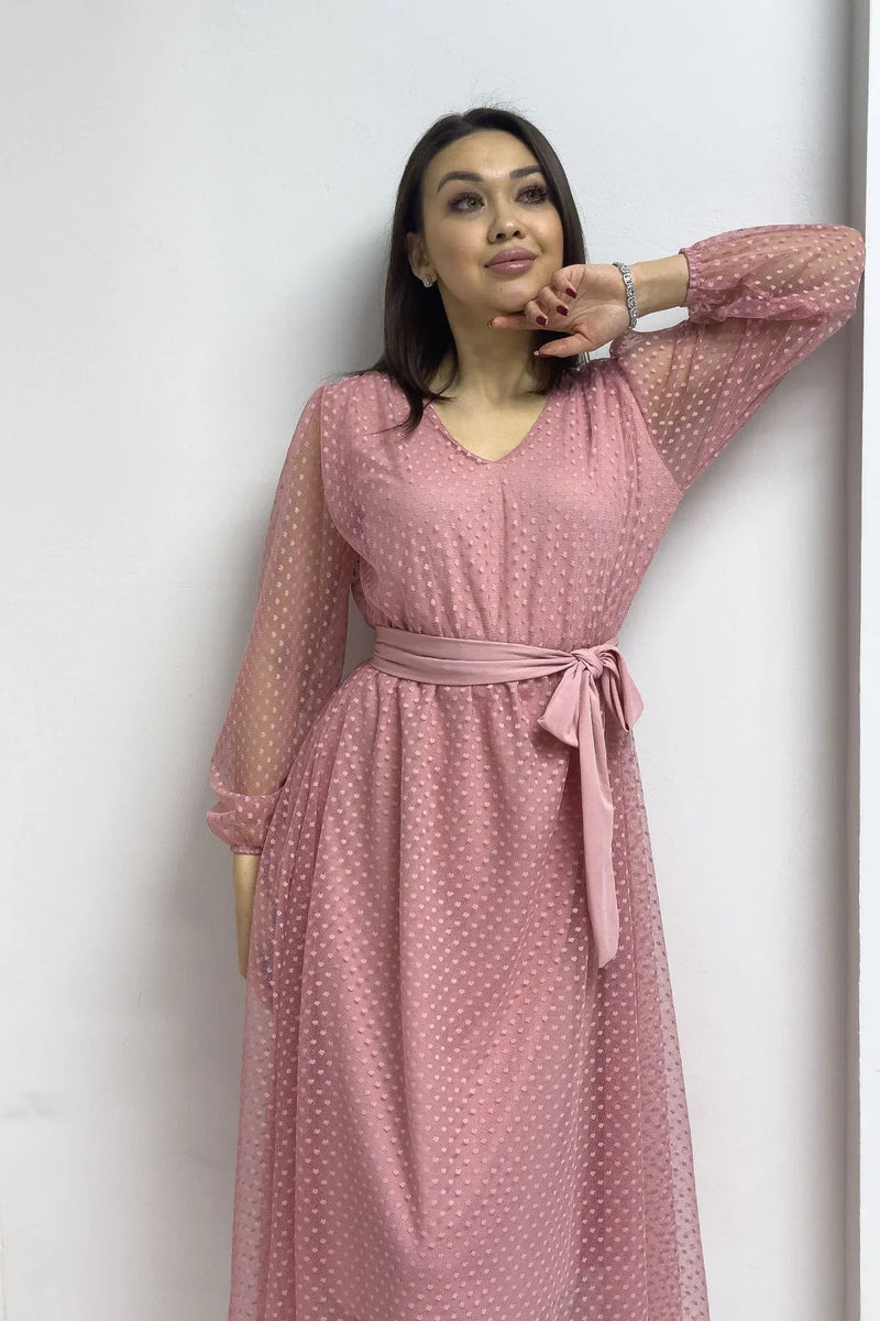 Women's Pink Puantiyeli Belted V-Neck Flared Dress