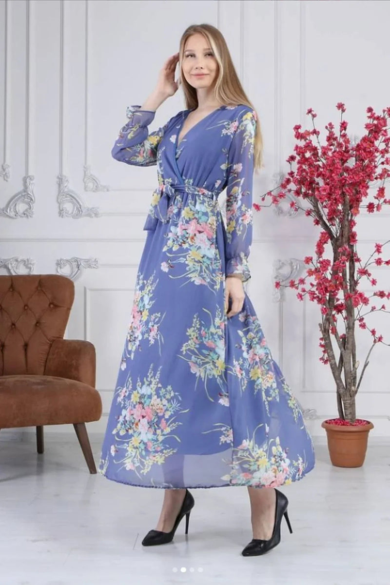 Women's Blue Floral Wrap Neck Chiffon Dress