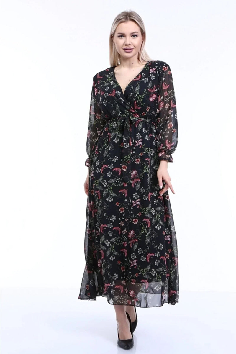 Women's Black Floral Wrap Neck Chiffon Dress