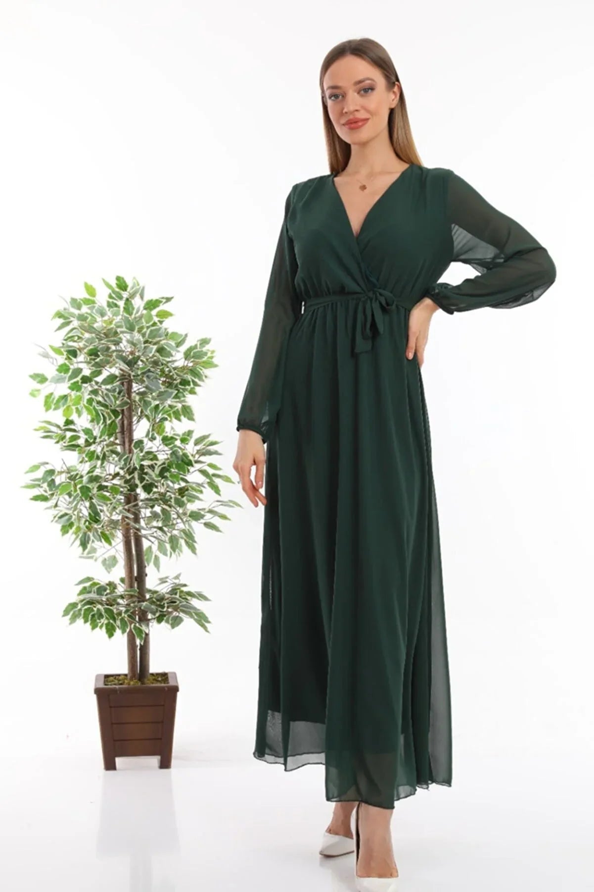 Women's Emerald Green Wrap Neck Belted Plus Size Chiffon Maxi Dress