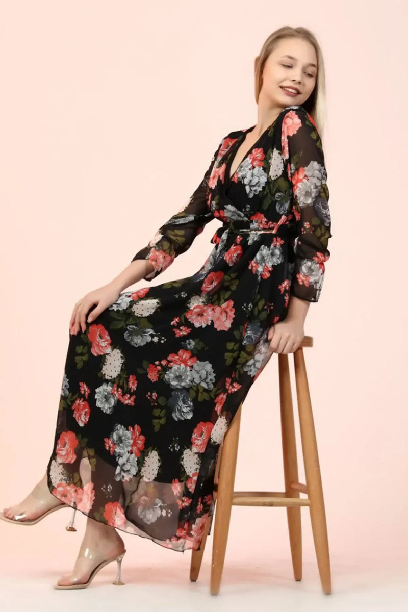 Women's Black Floral Wrap Neck Chiffon Plus Size Dress
