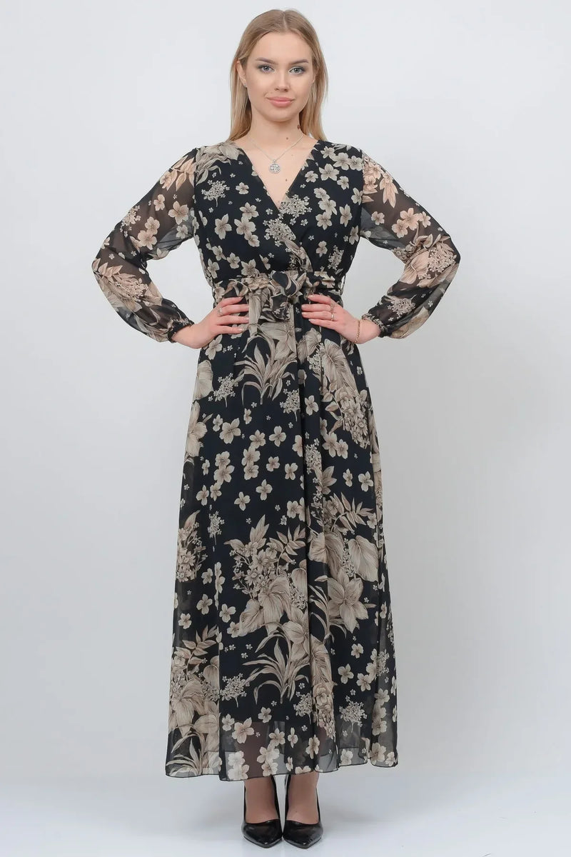 Women's Black Floral Wrap Neck Chiffon Dress