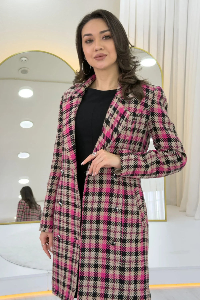 Women's Pink Plaid Buttoned Wrap Wool Blend Coat