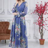 Blue Floral Midi Chiffon Dress