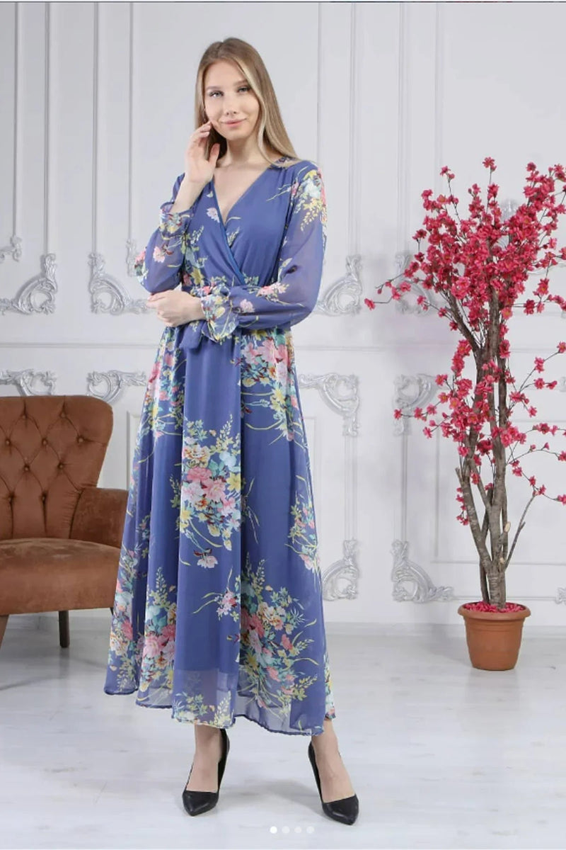 Women's Blue Floral Wrap Neck Chiffon Dress