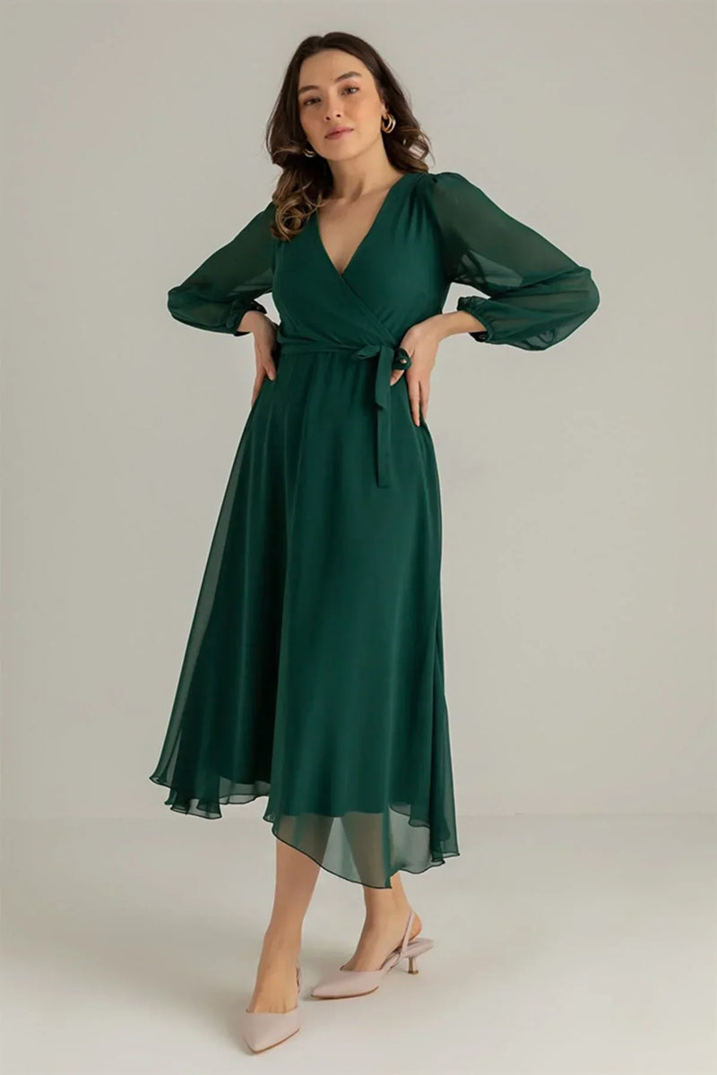 Women's Emerald Green Balloon Sleeve Wrap Midi Chiffon Dress