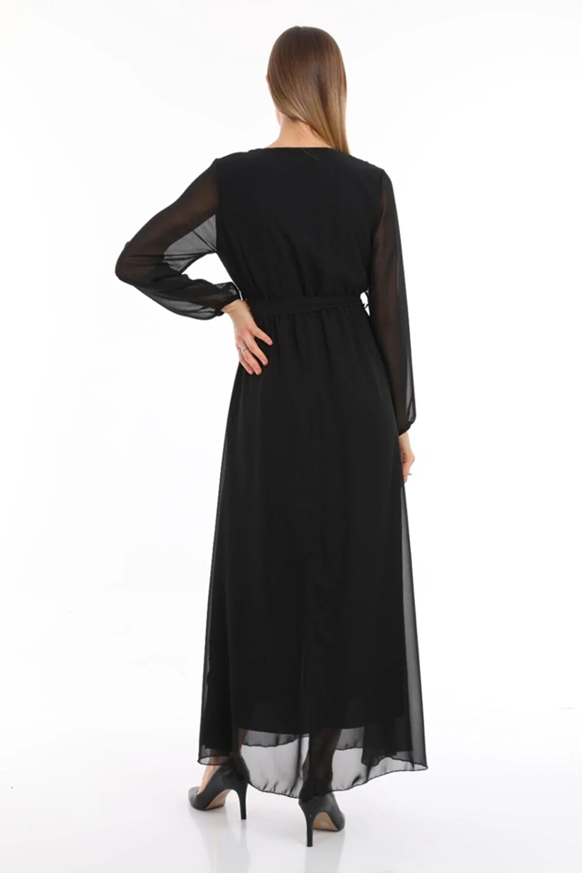 Women's Black Wrap Neck Belted Plus Size Chiffon Maxi Dress