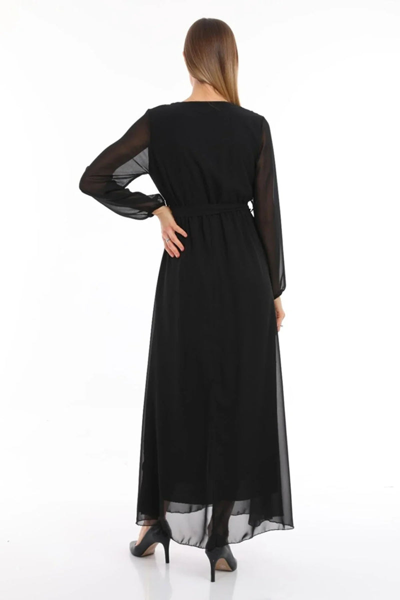 Women's Black Wrap Neck Belted Plus Size Chiffon Maxi Dress
