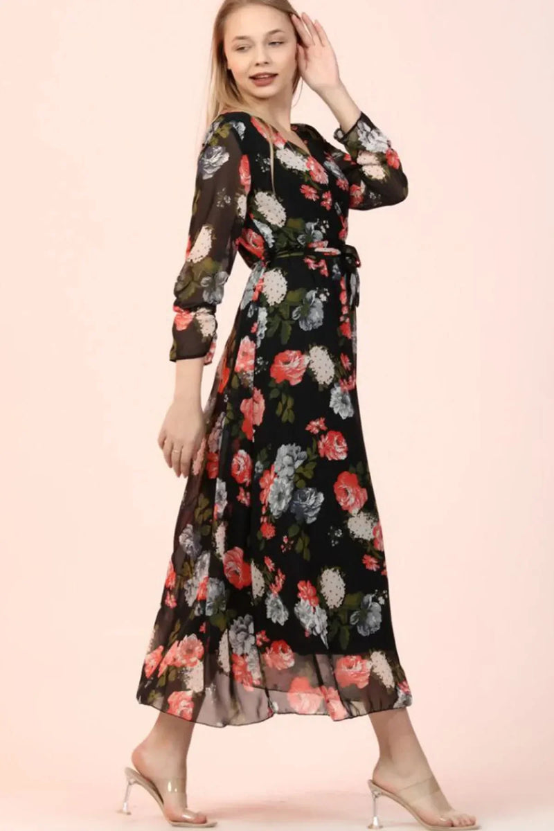Women's Black Floral Wrap Neck Chiffon Plus Size Dress