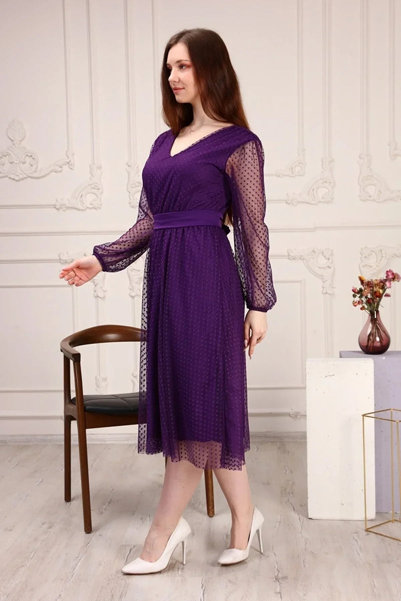 Purple Polka Dot Belted Tütü Plus Size Dress