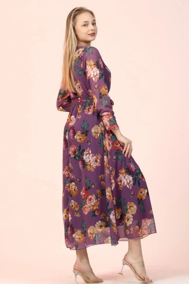 Women's Purple Floral Wrap Neck Chiffon Plus Size Dress