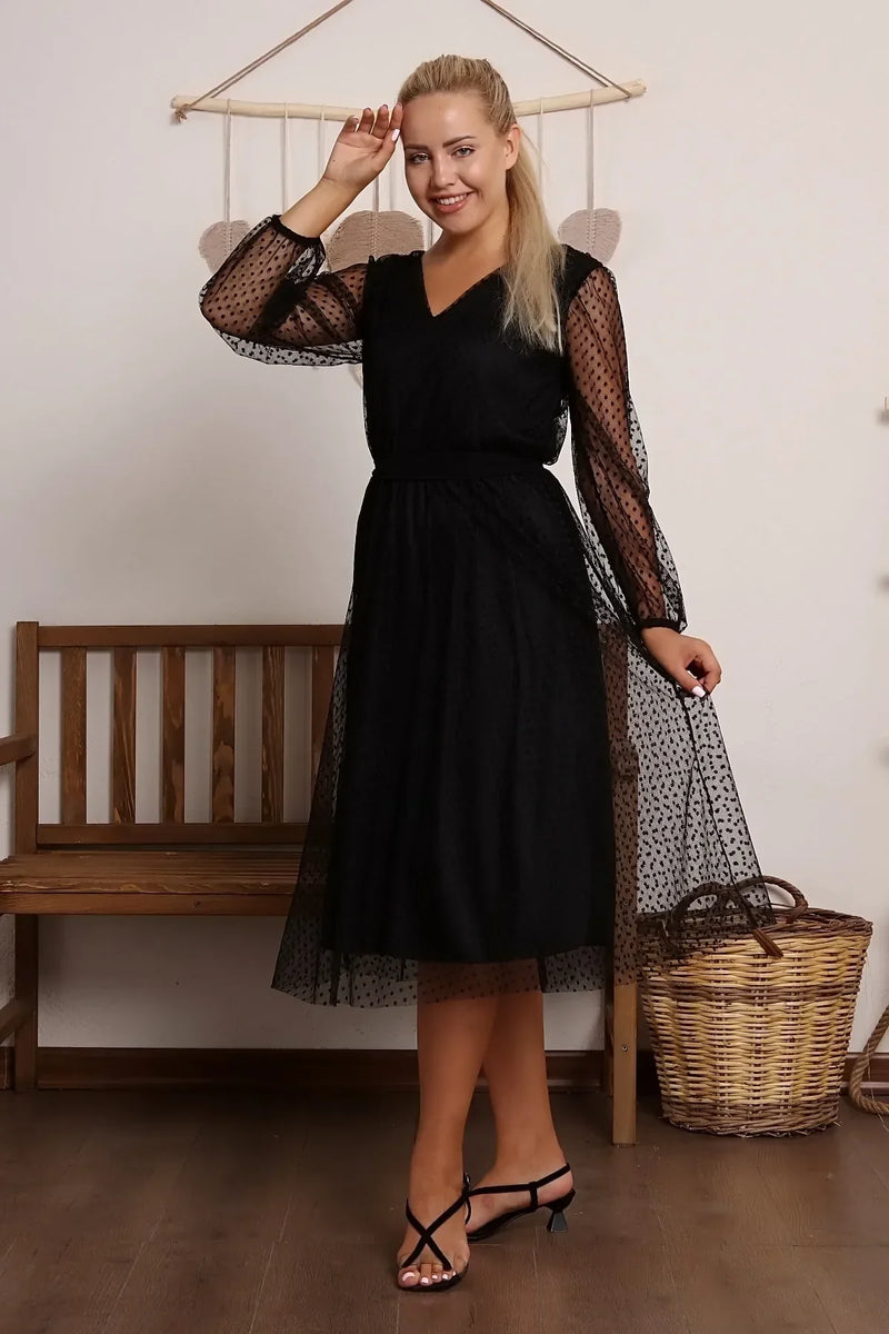 Women's Black Puantiyeli Belted Tütü Plus Size Dress