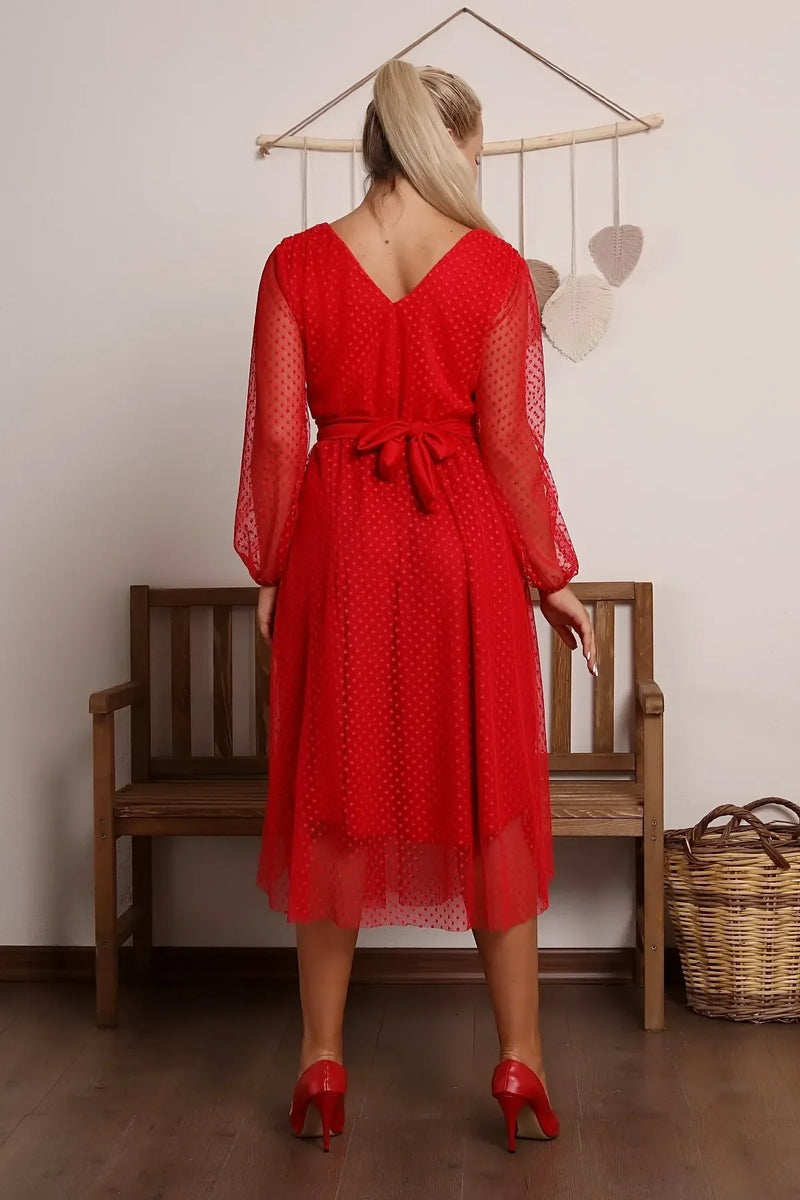 Women's Red Puantiyeli Belted Tütü Plus Size Dress