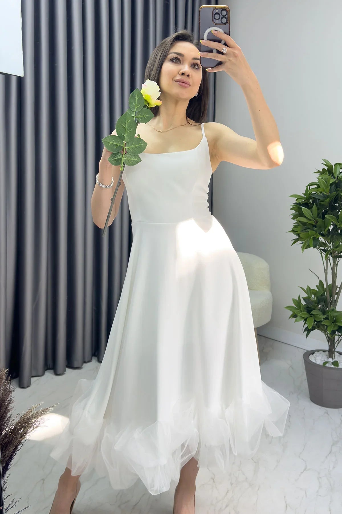 Women's White Strap Flared Skirt Ucu Tulle Detail Midi Evening Gown