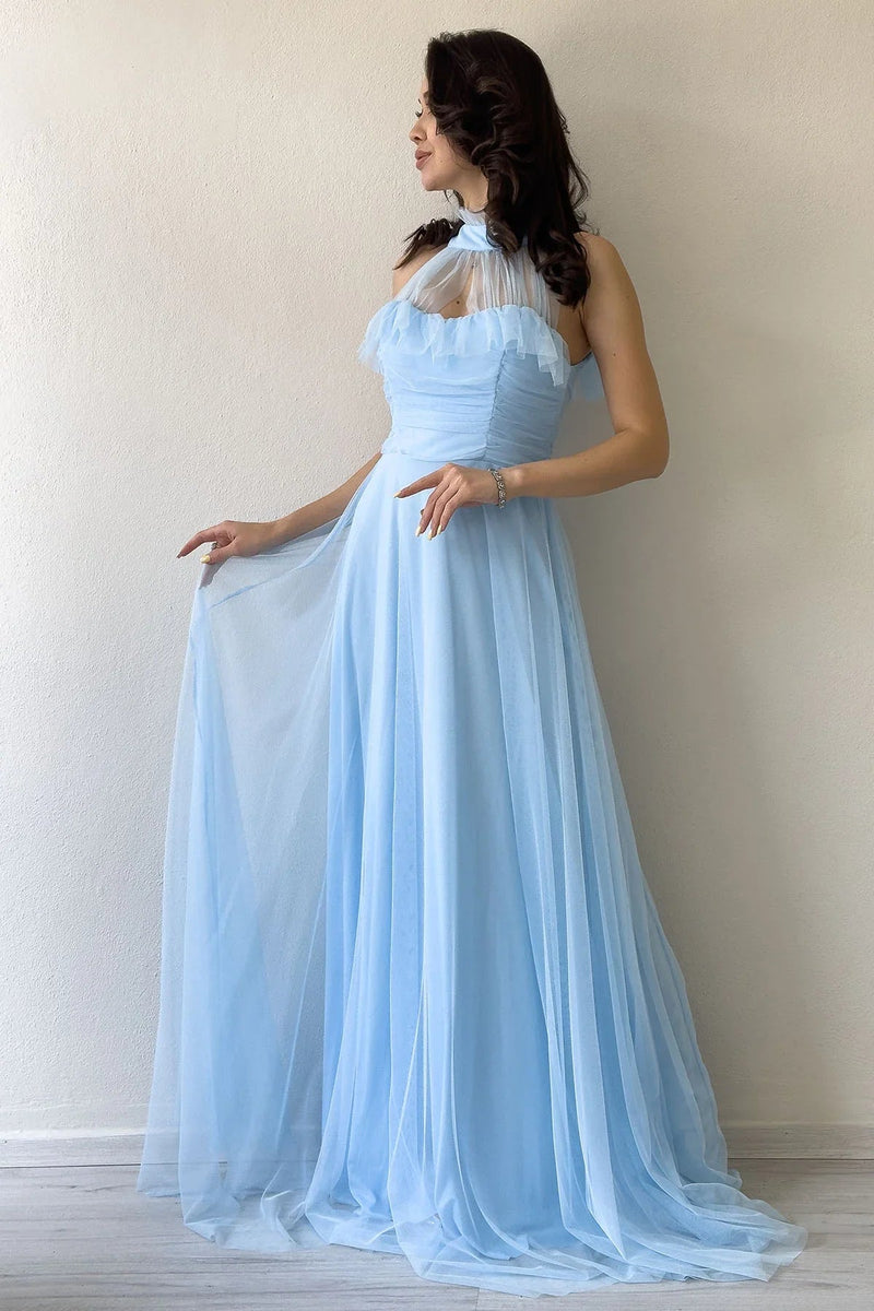 Women's Baby Bluesi Draped Sleevesuz Tulle Evening Gown