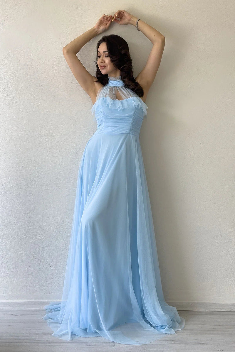 Women's Baby Bluesi Draped Sleevesuz Tulle Evening Gown