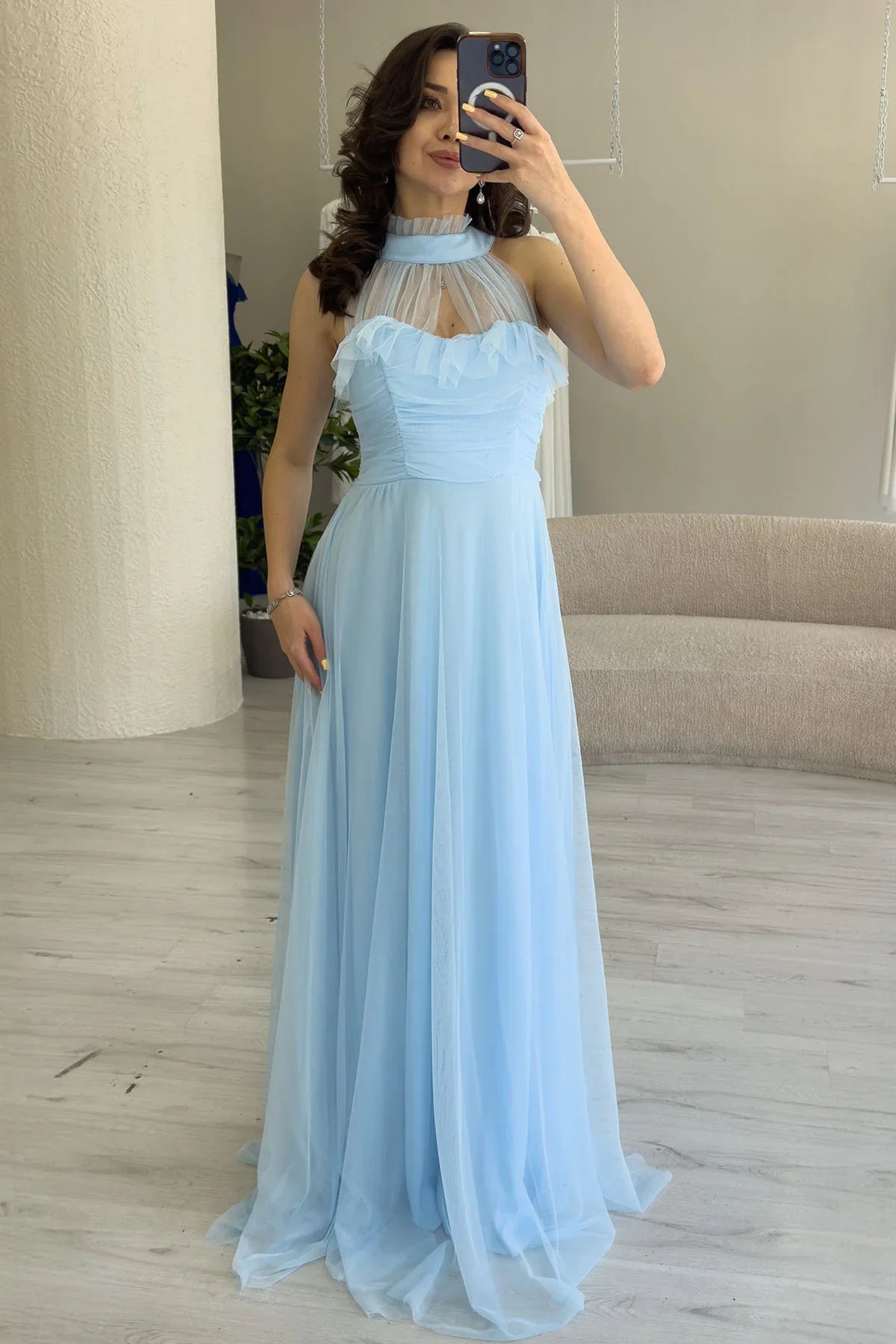 Women's Baby Bluesi Draped Sleevesuz Tulle Evening Gown