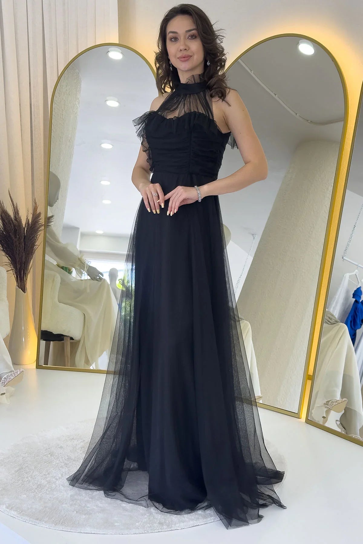 Women's Black Draped Sleevesuz Tulle Evening Gown