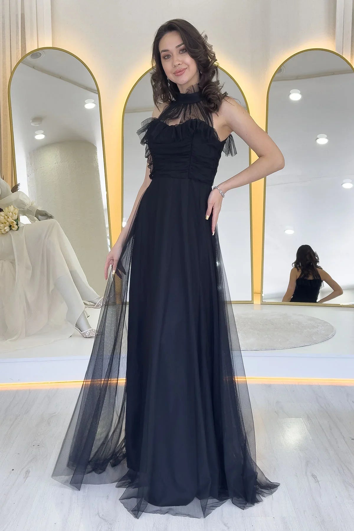 Women's Black Draped Sleevesuz Tulle Evening Gown