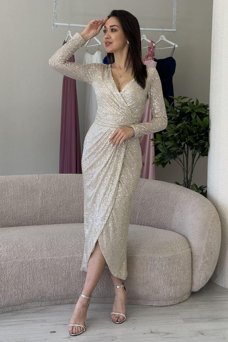 Women's Beige Wrap Neck Sequin Tasarım Long Sleevelu Evening Gown