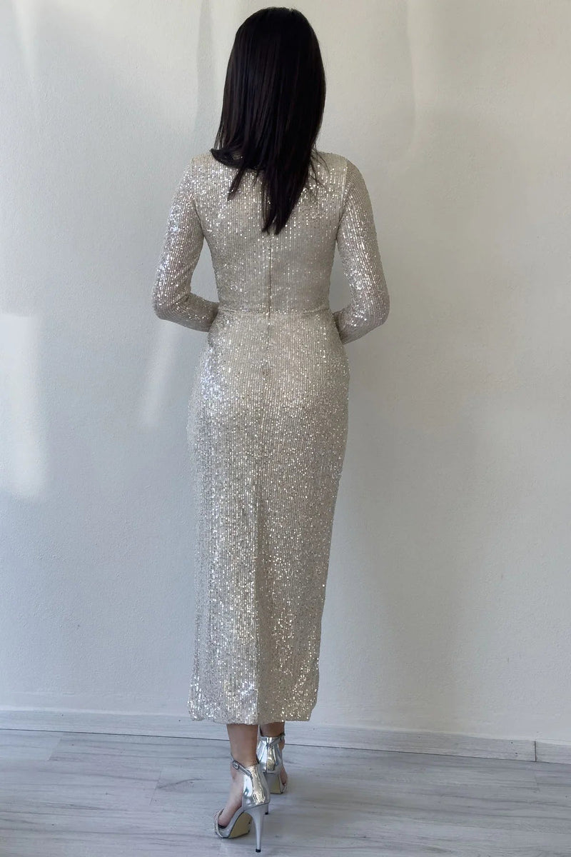 Women's Beige Wrap Neck Sequin Tasarım Long Sleevelu Evening Gown