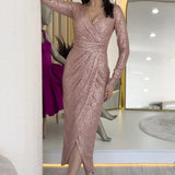 Powder Pink Sequin Midi Lenght Evening Dress