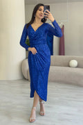 Saxe Blue Sequin Midi Lenght Evening Dress