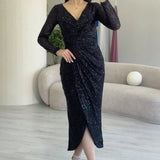 Black Sequin Midi Lenght Evening Dress