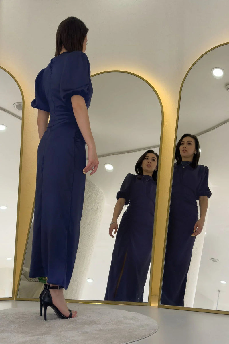 Women's Satin Balloon Sleeve Draped Yırtmaç Detail Evening Gown-Navy Blue