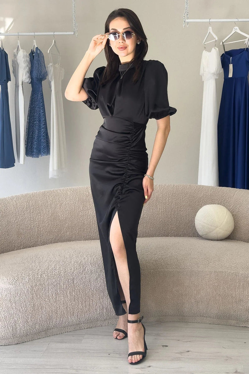 Women's Satin Balloon Sleeve Draped Yırtmaç Detail Evening Gown-Black