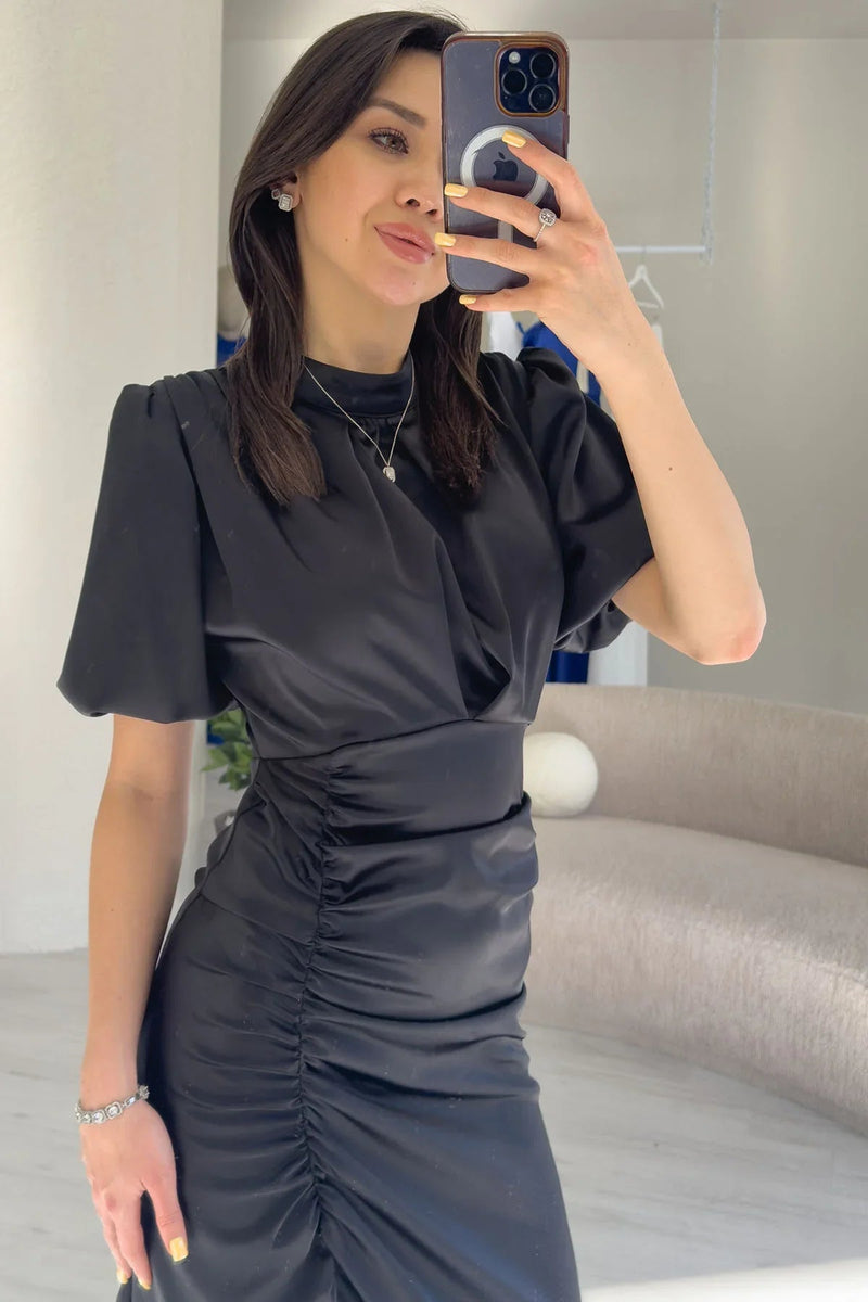 Women's Satin Balloon Sleeve Draped Yırtmaç Detail Evening Gown-Black