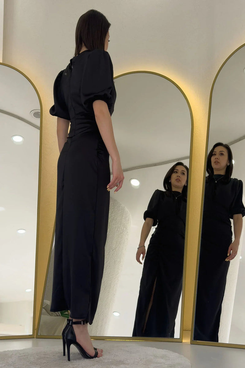 Women's Satin Balloon Sleeve Draped Yırtmaç Detail Evening Gown-Black