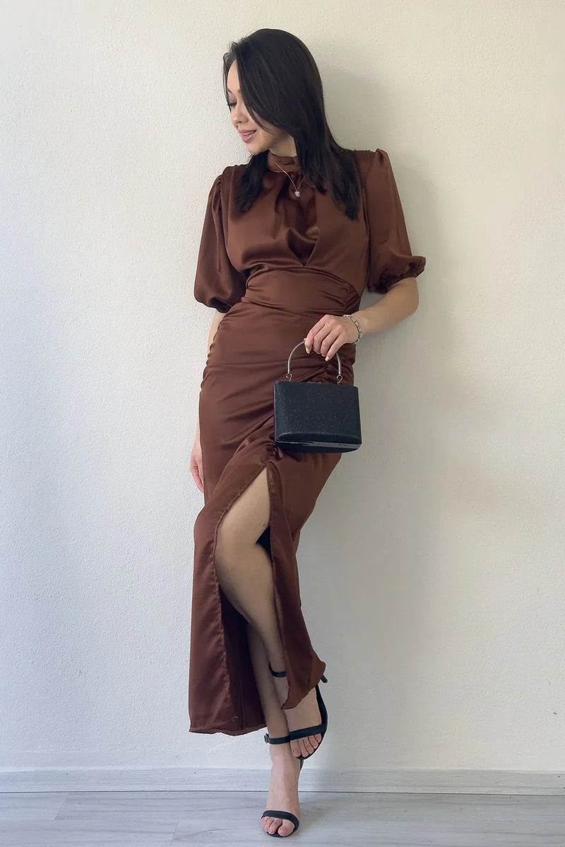 Women's Satin Balloon Sleeve Draped Yırtmaç Detail Evening Gown-Tan