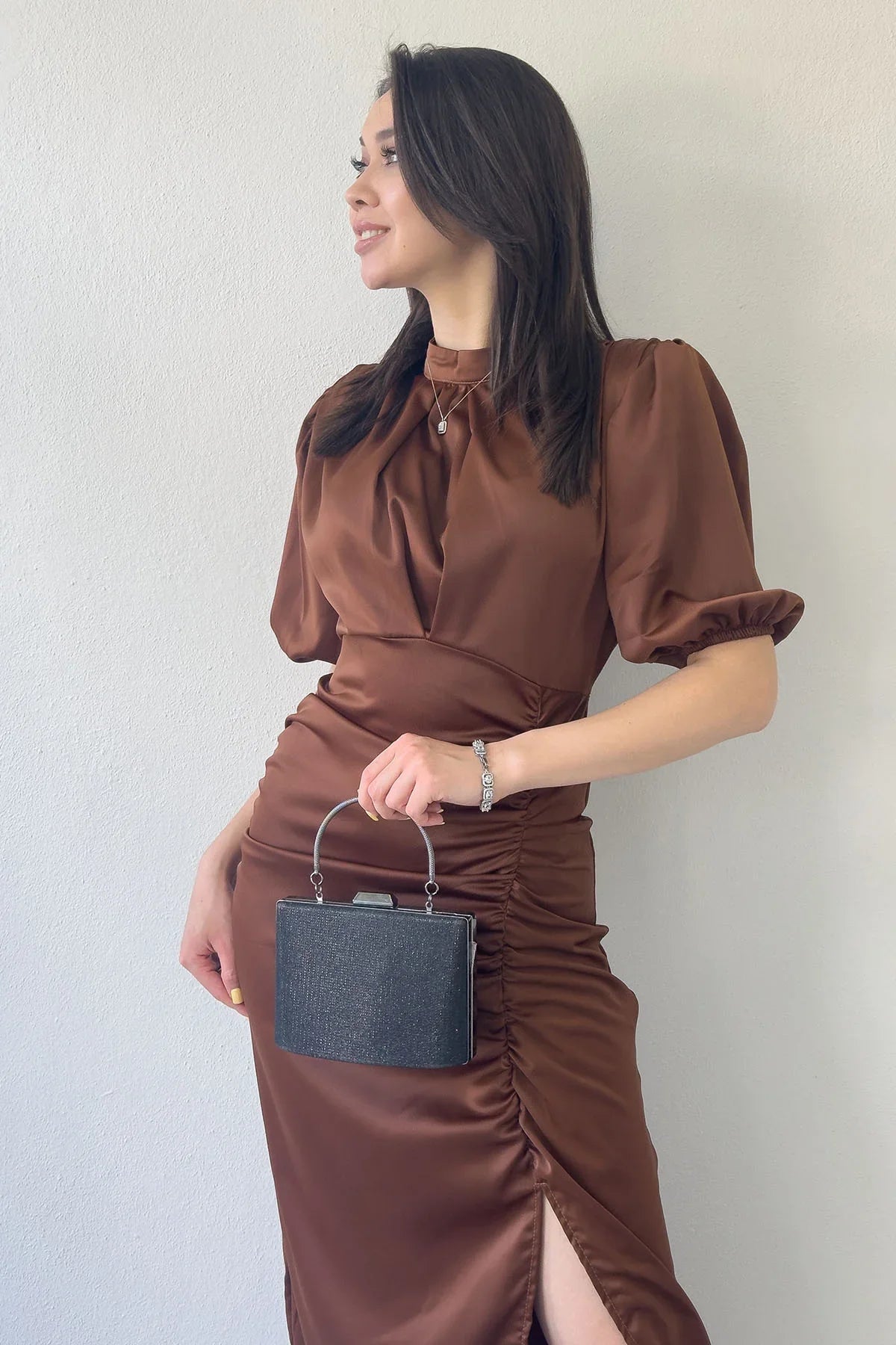 Women's Satin Balloon Sleeve Draped Yırtmaç Detail Evening Gown-Tan