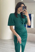 Emerald Green Satin Short-Sleeve Evening Dress