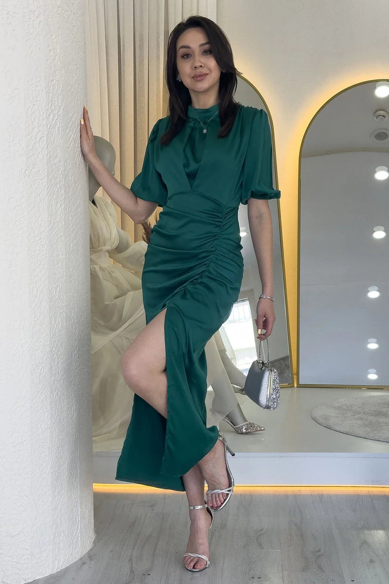 Women's Satin Balloon Sleeve Draped Yırtmaç Detail Evening Gown-Emerald Green