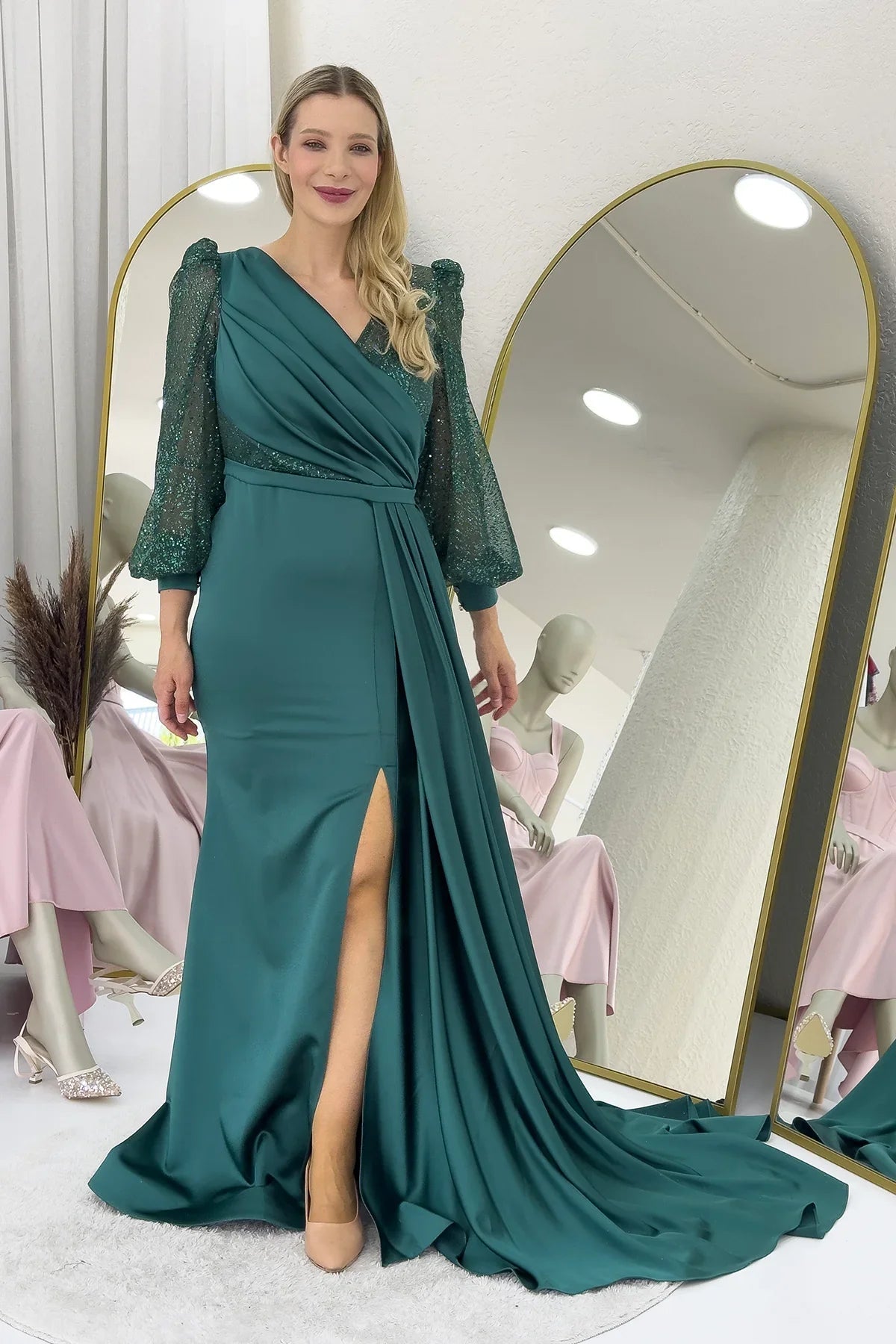 Women's Wrap Neck Emerald Green Draped Glitter Sleeve Satin Evening Gown
