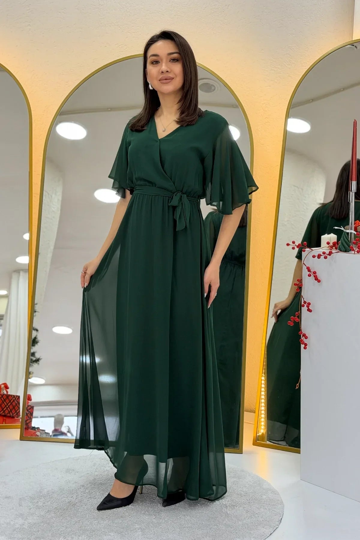 Women's Emerald Green Short Sleeve Chiffon Dress